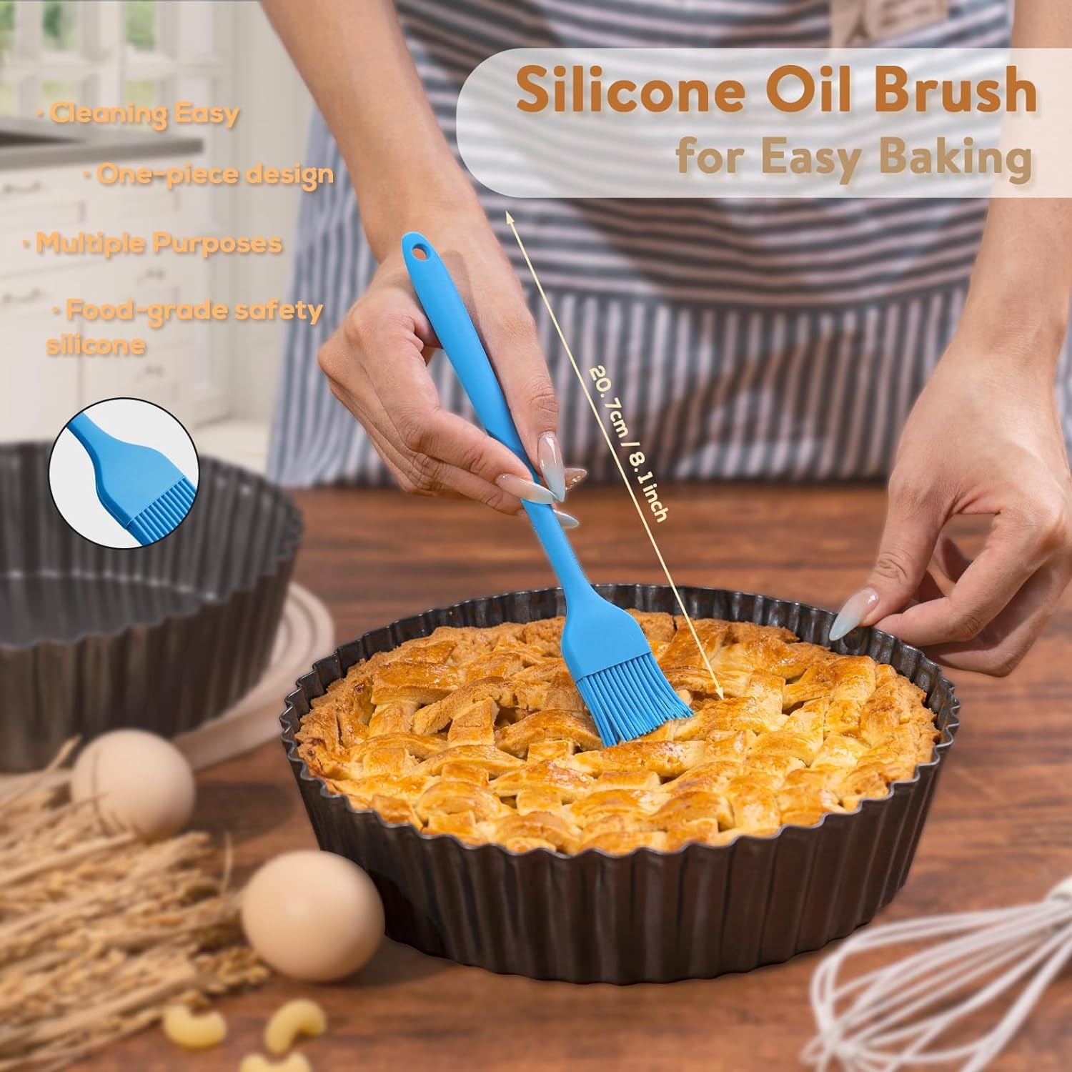 Vnray pie pan showing heat tolerance up to 445°F for versatile baking