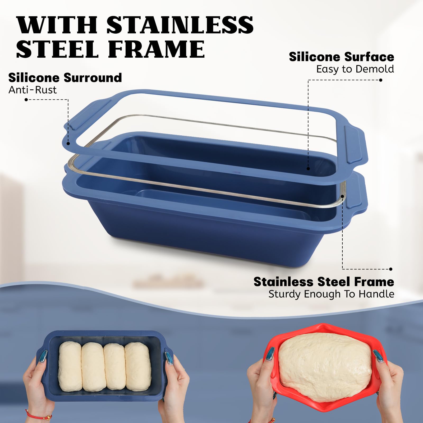 Vnray silicone loaf pan 9.5x5 inch delivers even heat for consistent crusts.