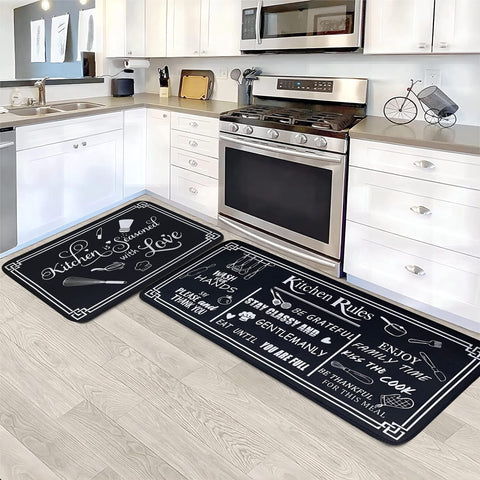 Voanos black and white kitchen rug 17x47 large-format design for expansive prep areas.