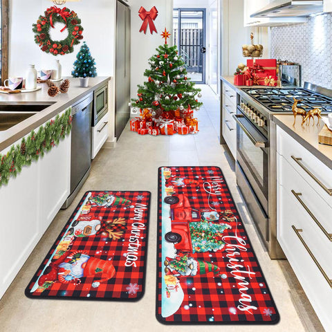 Voanos Christmas kitchen mat 17x30 front sink with gnome-truck design, ideal for catching spills.