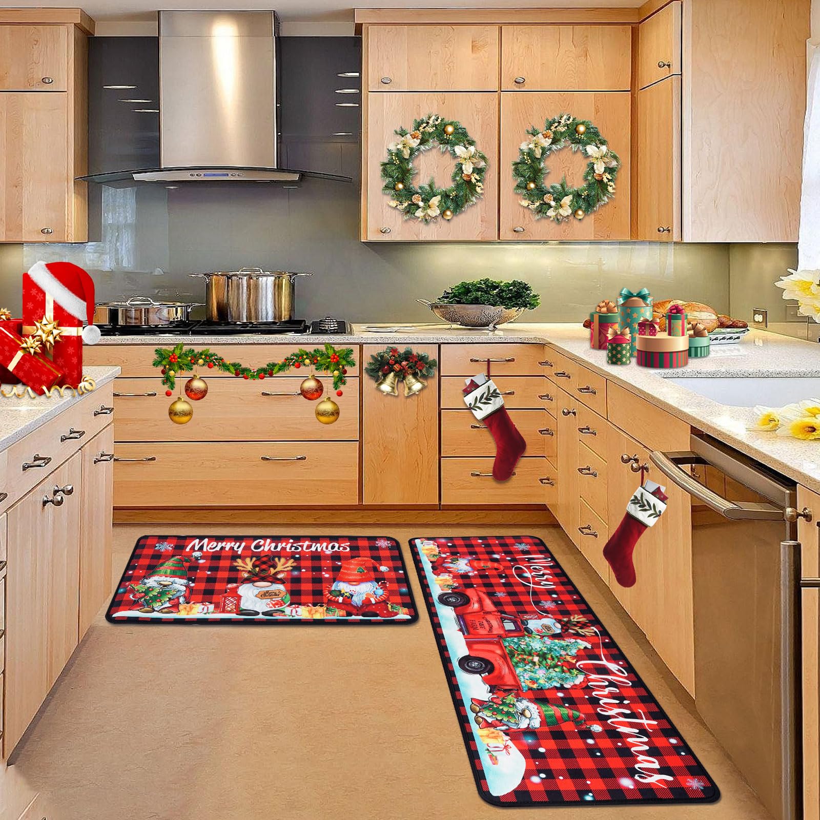 Voanos gnome-truck design mat adds festive decor and comfort.
