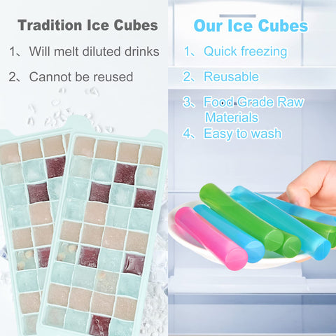 VOGVOG reusable ice cubes freeze directly in the freezer for mess-free cooling.