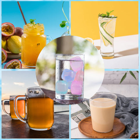 VOGVOG reusable ice cubes beside coffee and wine for refreshing drinks.