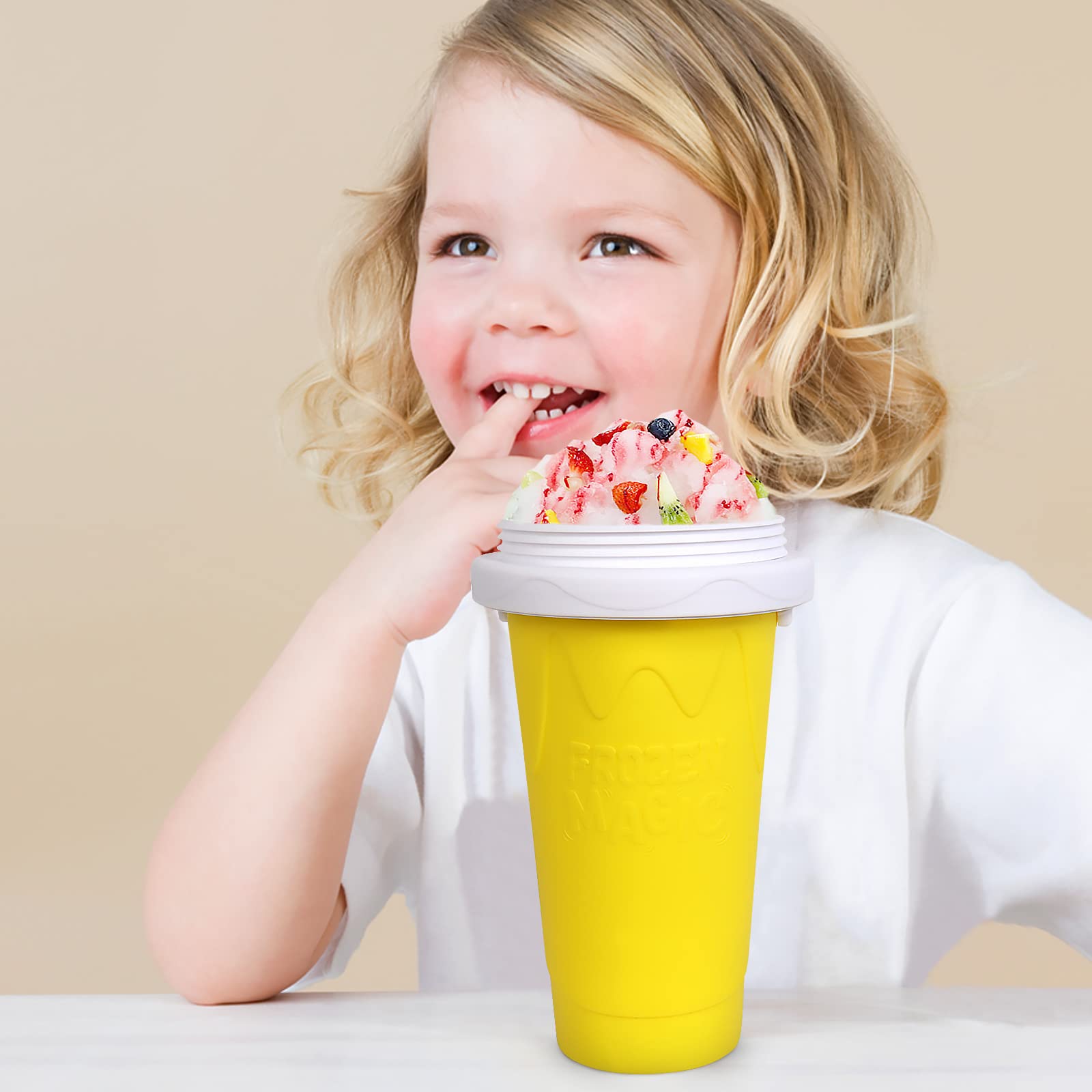 VOIEOV slushie cup yellow from the side, easy grip for travel.