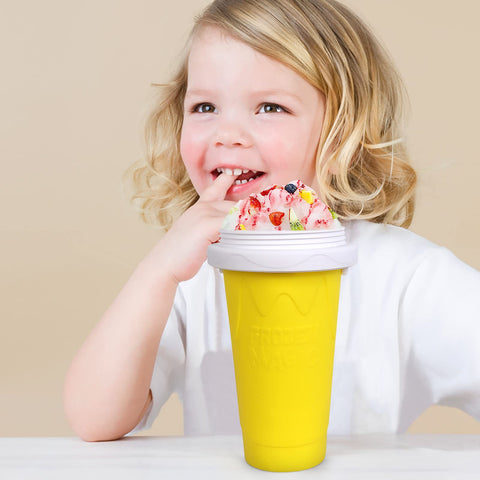 VOIEOV slushie cup yellow from the side, easy grip for travel.
