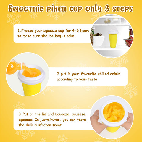 VOIEOV slushie cup yellow during squeeze action for quick sorbet at home.
