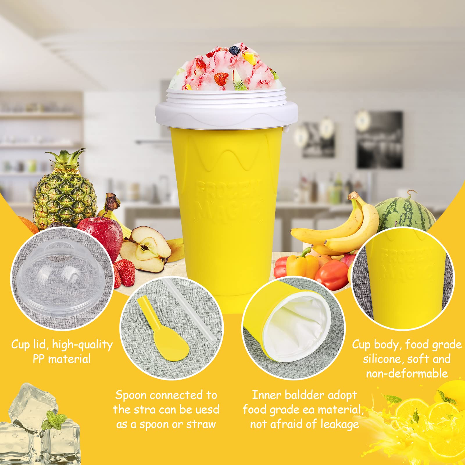VOIEOV yellow slushie cup with travel lid for office or gym.