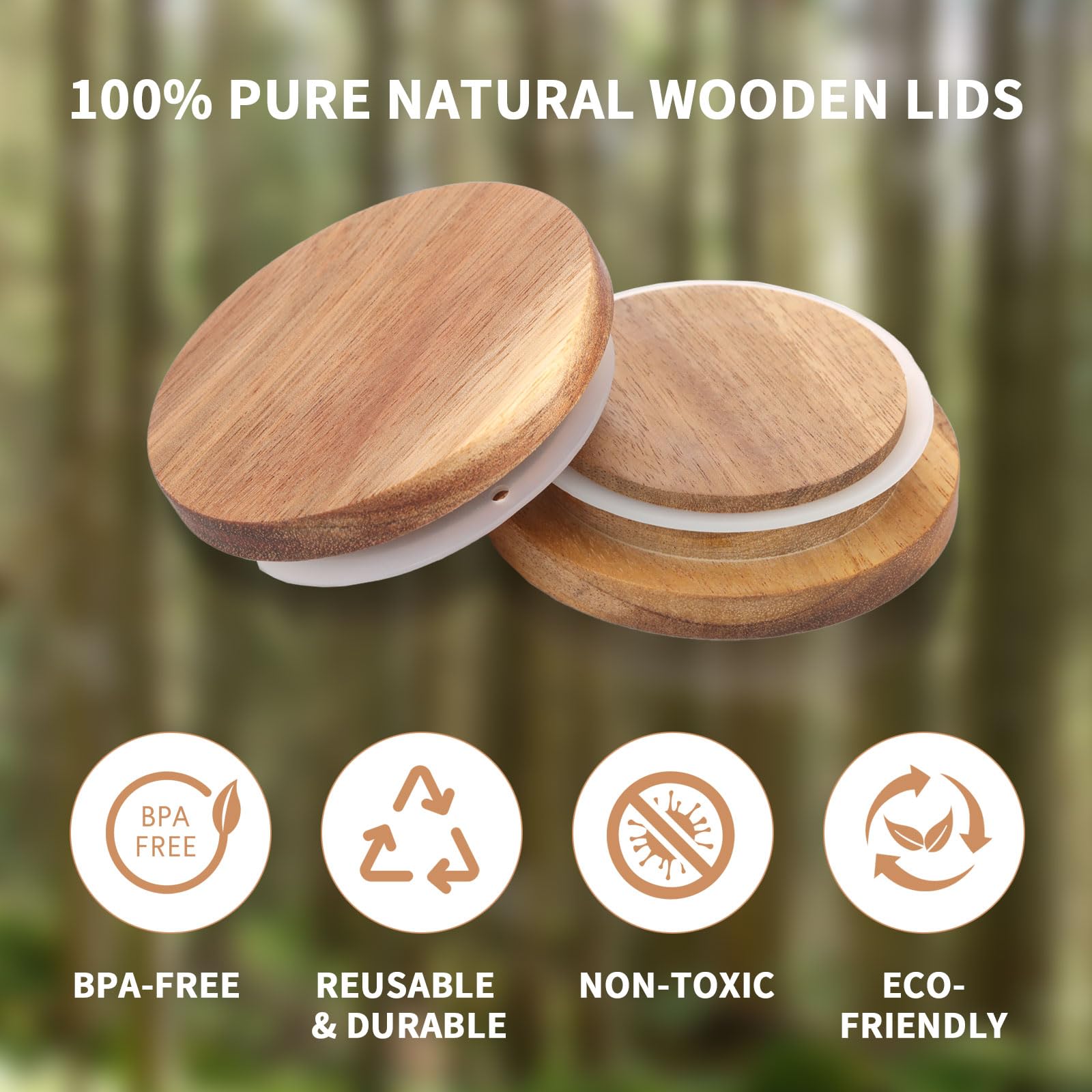 Volcanoes Club Oui lids 12-pack woodgrain, ideal for reusable dry storage.