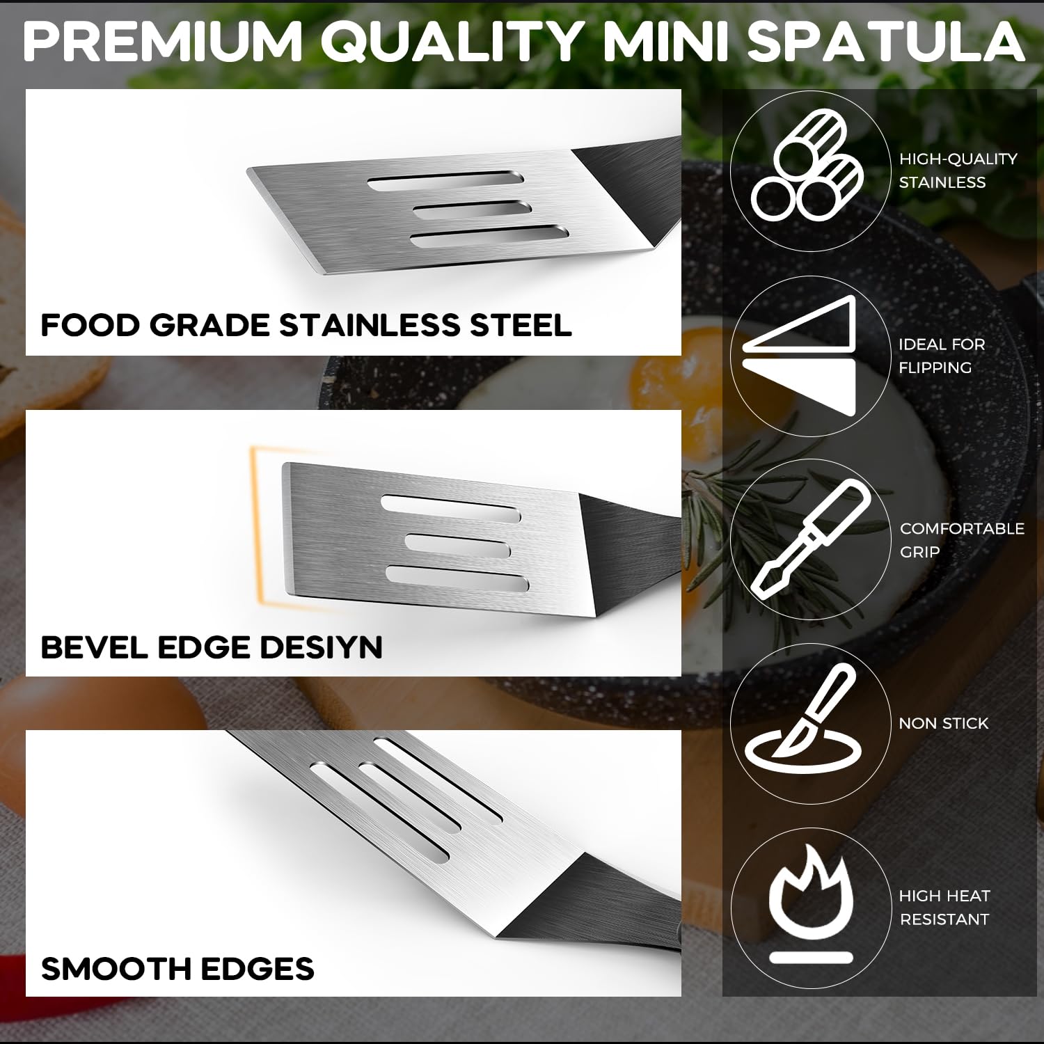 Volikos mini serving spatula with slotted blade for safely lifting delicate foods.