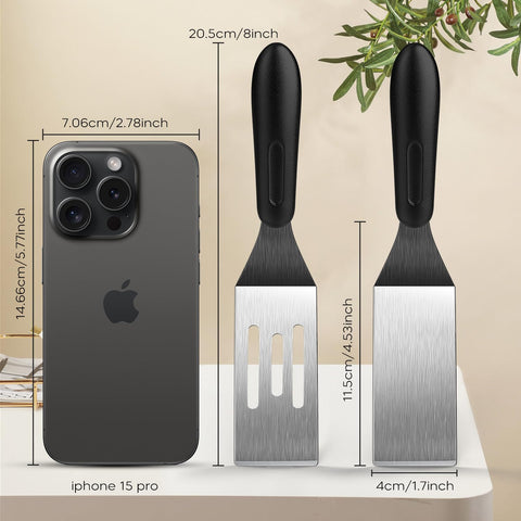 Volikos spatula thin flexible edge for easy flipping and scraping.