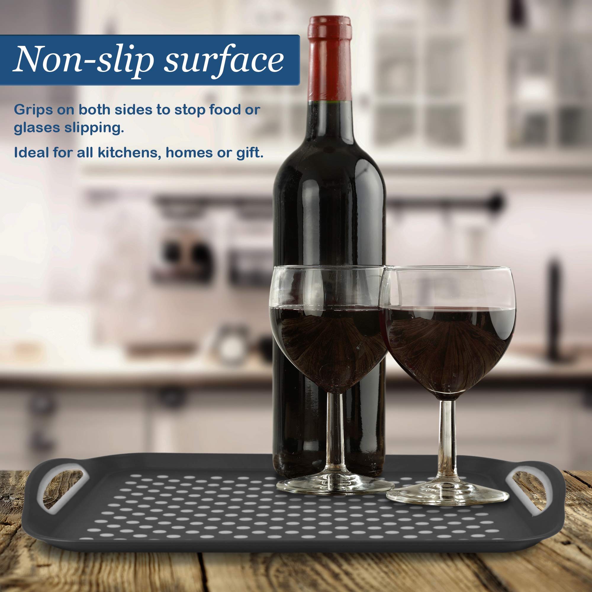 Volila large 15.5 by 11.5 inch trays fit dinner plates.