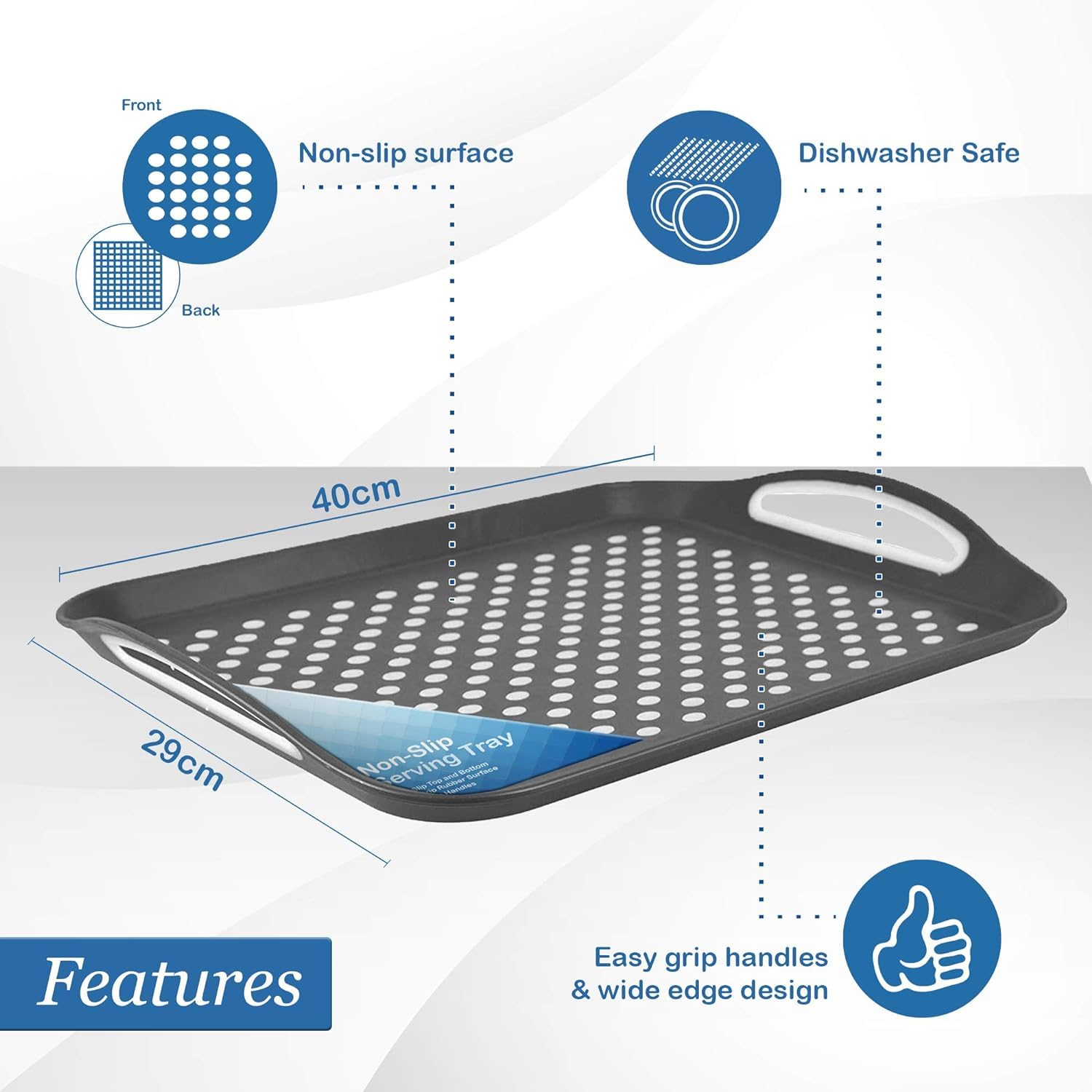 Volila non-slip dots tray surface keeps beverages in place.