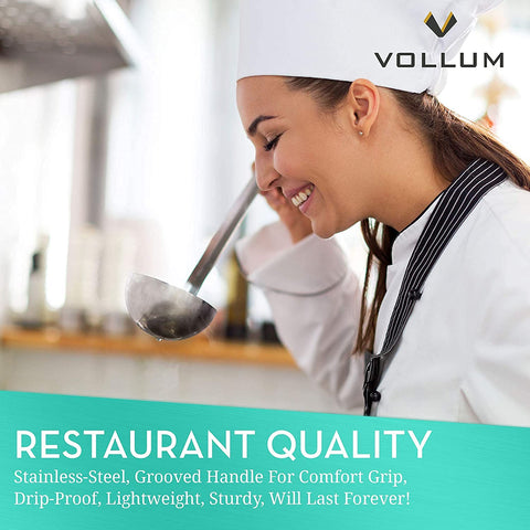 Dent-resistant bowl of Vollum ladle designed for frequent stirring and scooping.