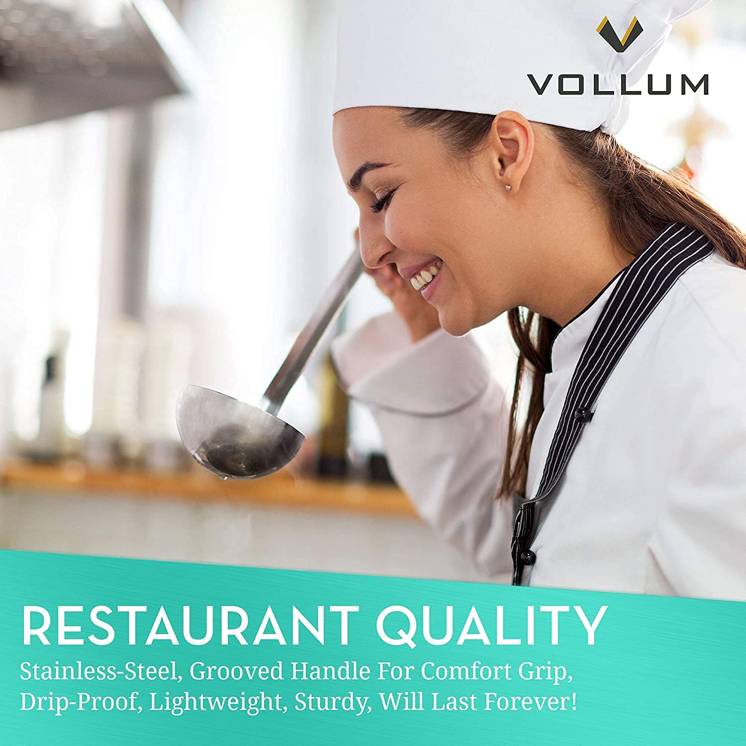 Vollum ladle with hanging hole and curved top for storage