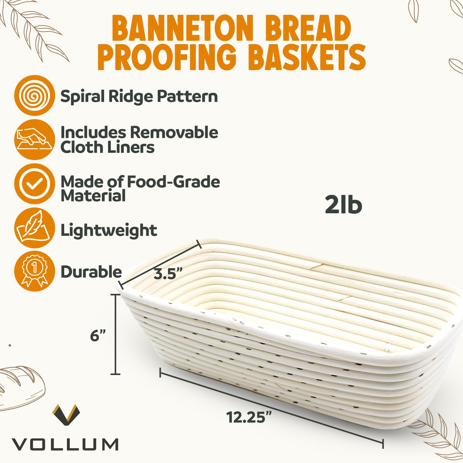 Vollum bread-proofing basket rectangular form supports evenly proofed loaves.
