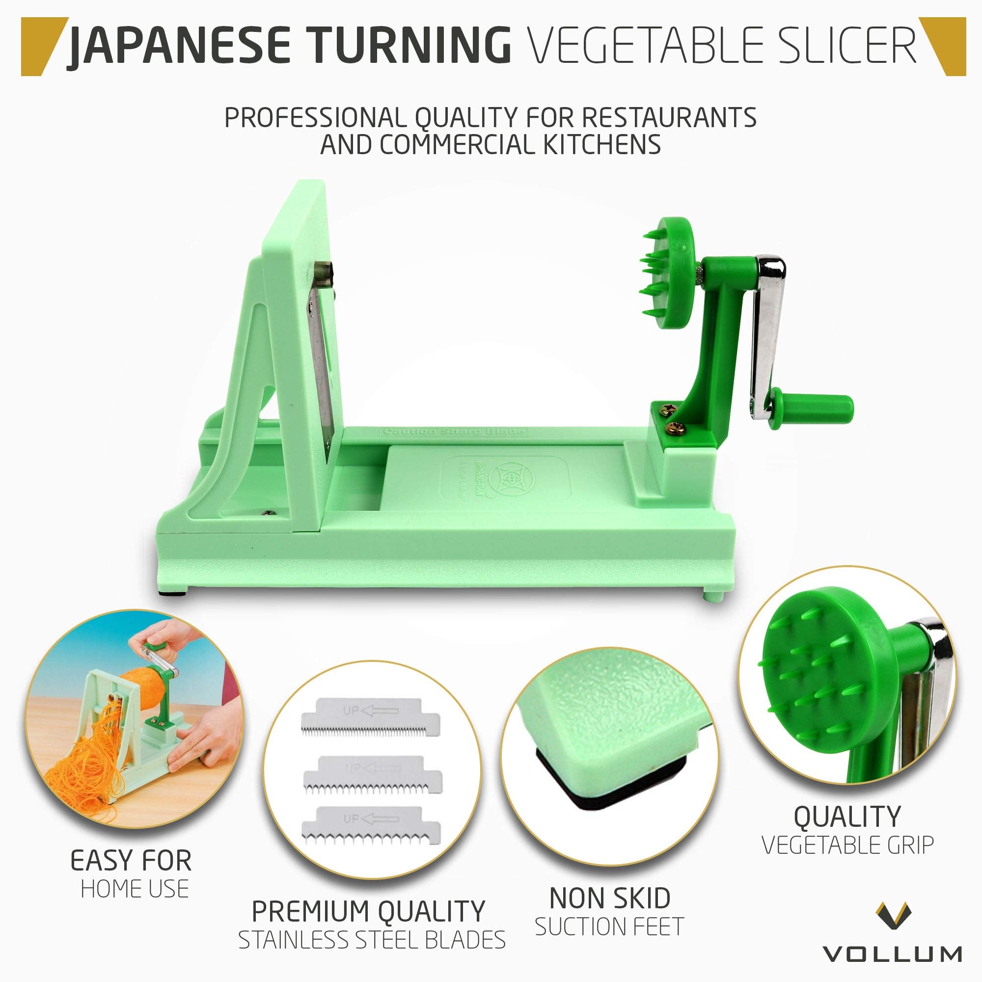 Vollum blade variety closeup highlights fine, medium, and coarse garnishes.