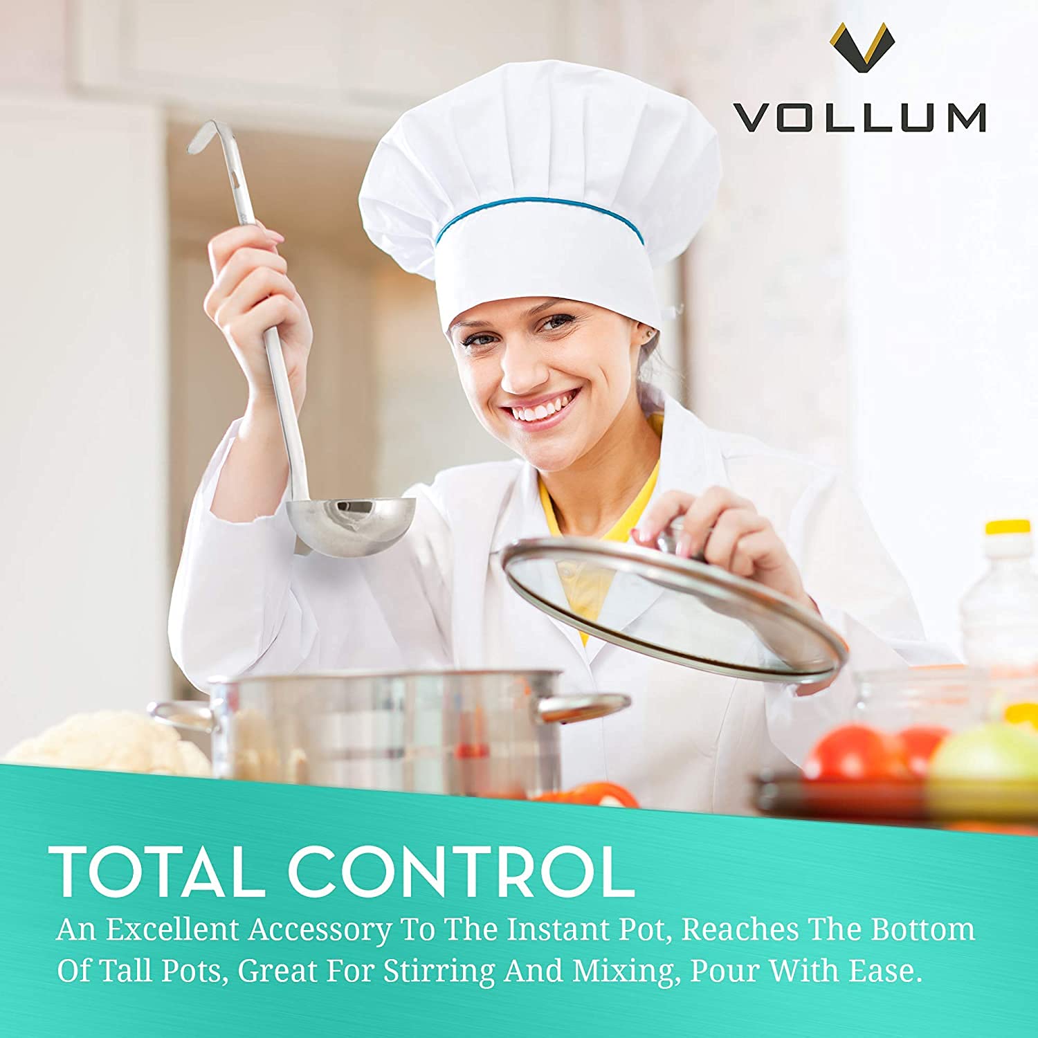 Hang hole and curved top on Vollum ladle for easy wall storage.
