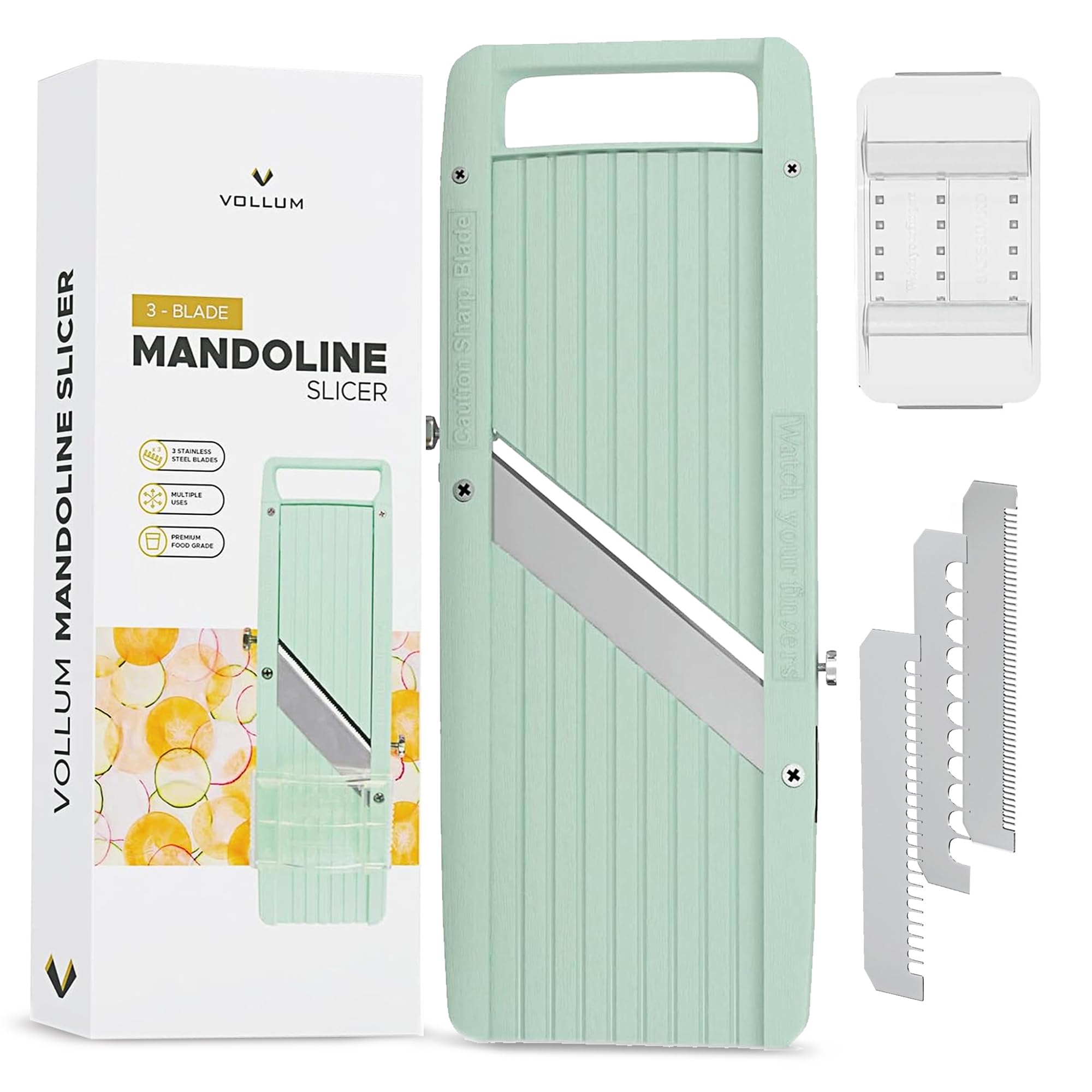 Vollum narrow handheld mandoline with interchangeable blades for precise vegetable slicing.