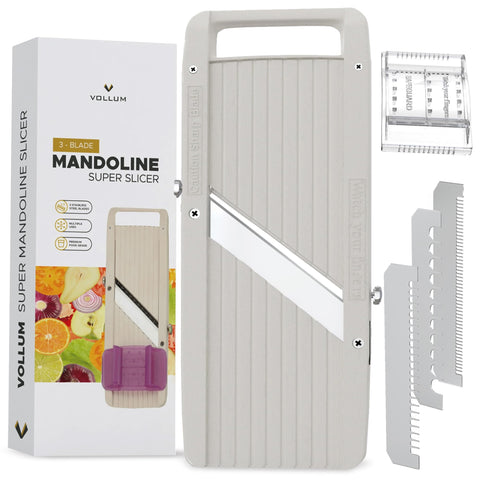Vollum wide mandoline side view shows compact ergonomic design for safe slicing