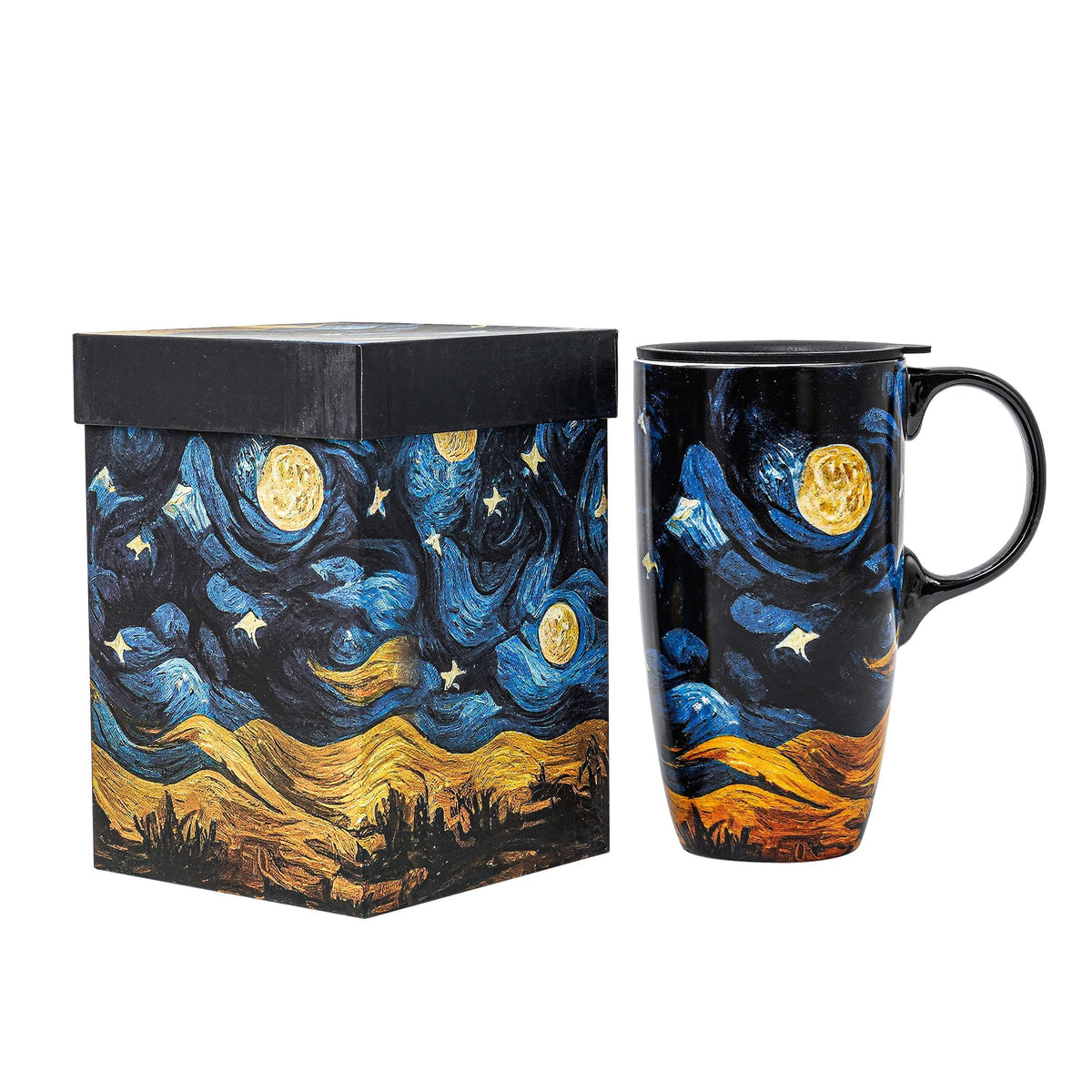 Voltogar Starry Night ceramic mug with lid for cozy coffee rituals