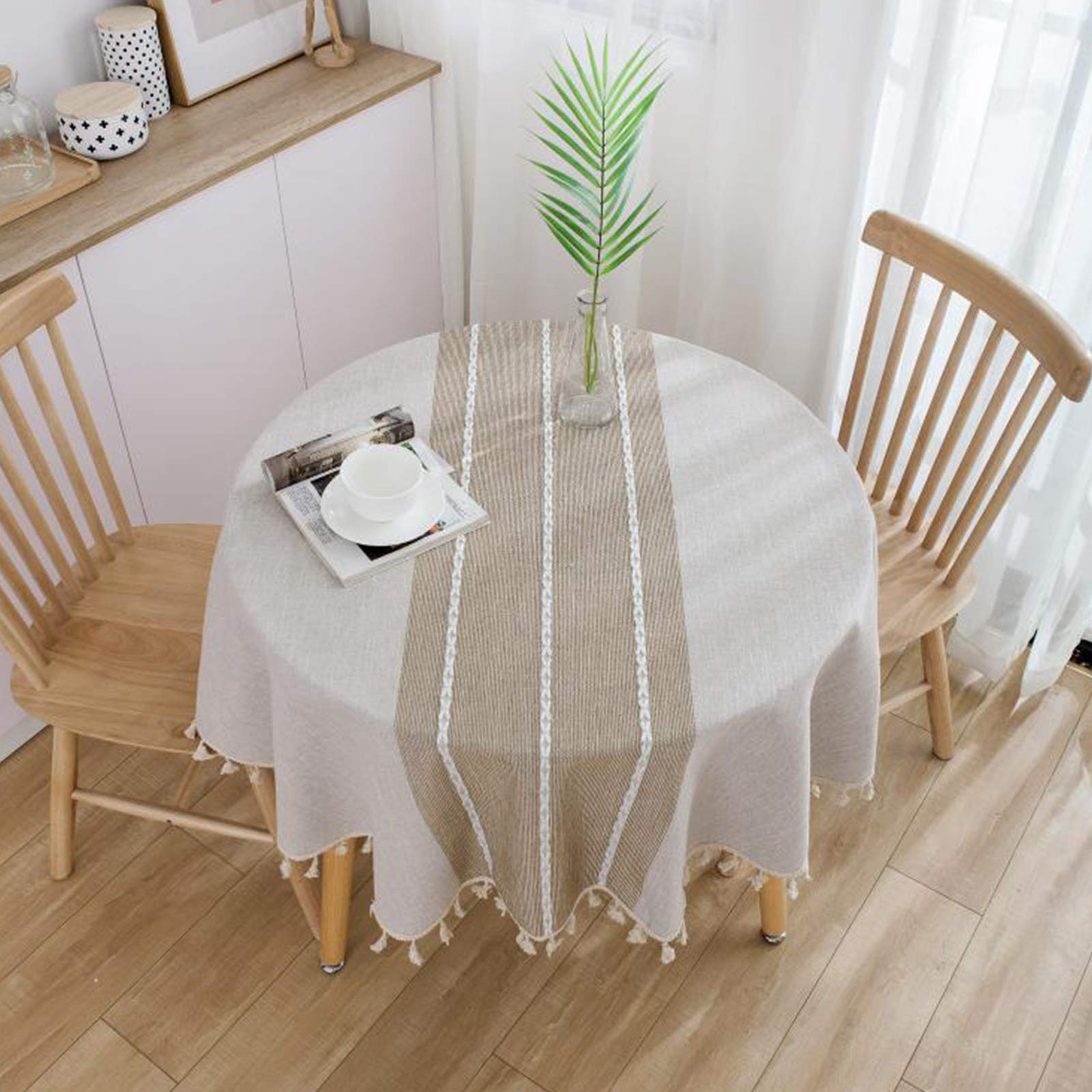 Vonabem table cloth tassel cotton linen coffee, 60in round, protects and beautifies round tables.