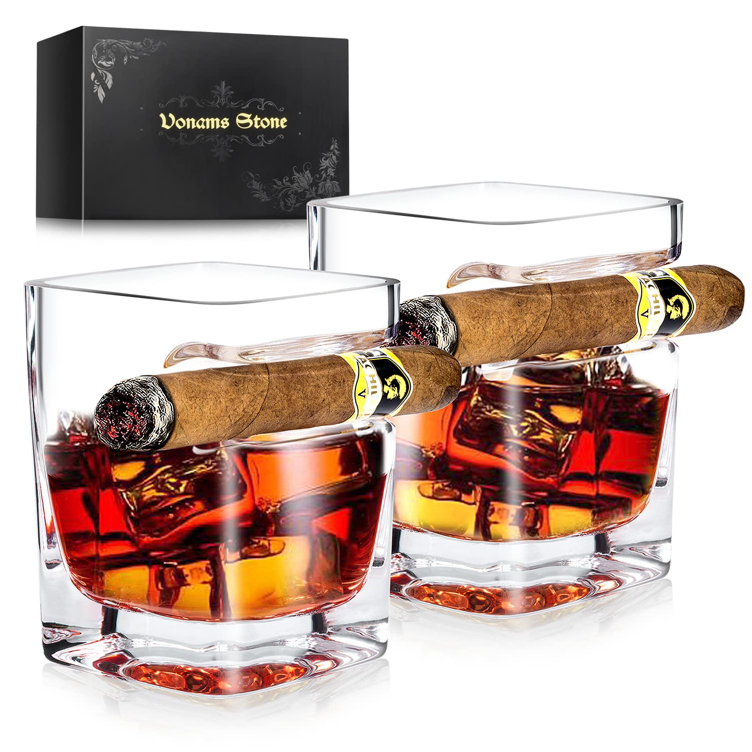 Vonams Stone cigar whiskey glass 12oz with built-in rest for cigars