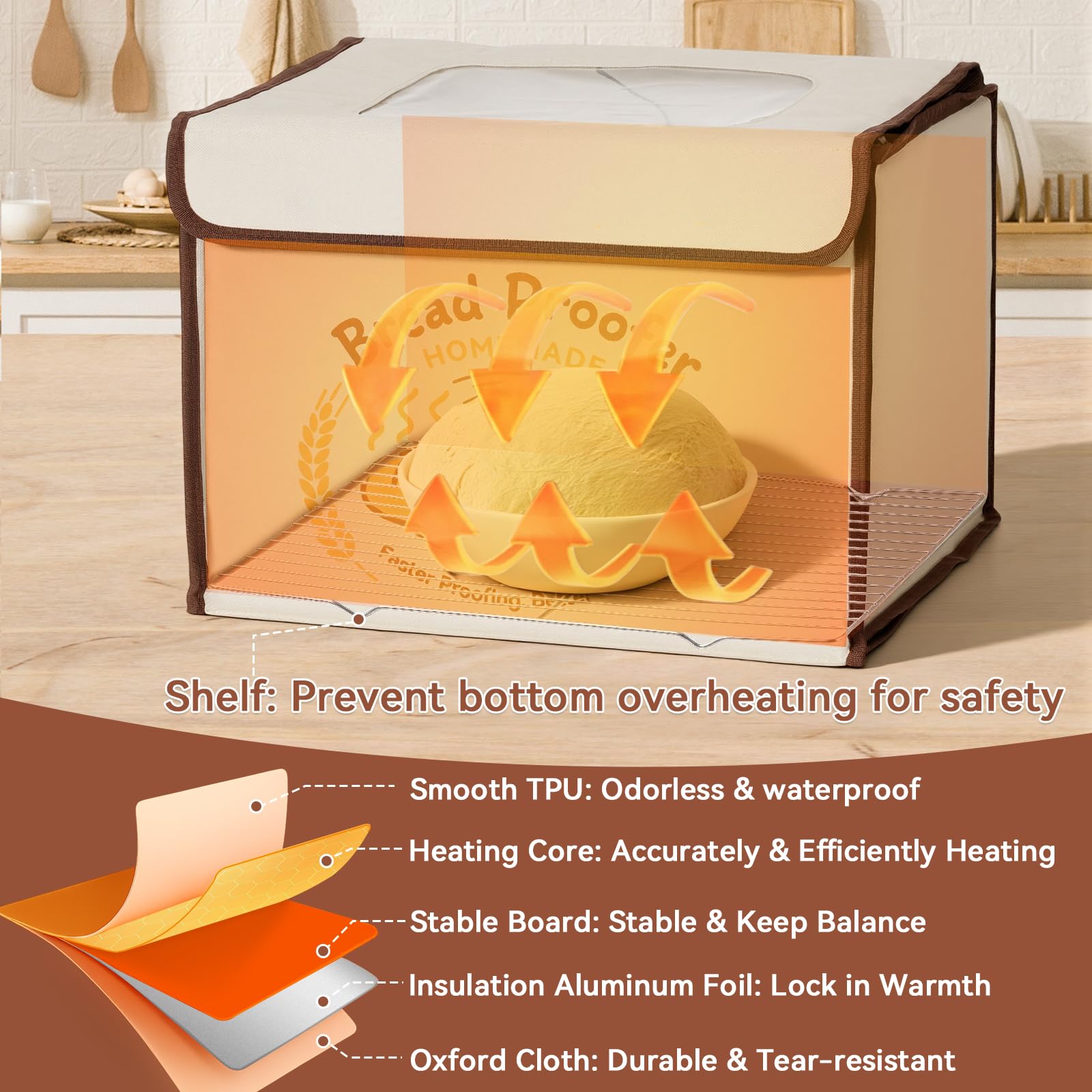 VONATES proofing box insulation and stainless steel shelf promote safe, even heat distribution