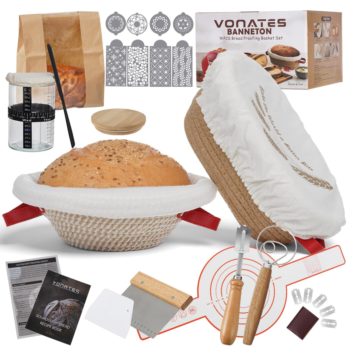 VONATES 40oz sourdough starter jar with breathable cloth cover for easy starter maintenance