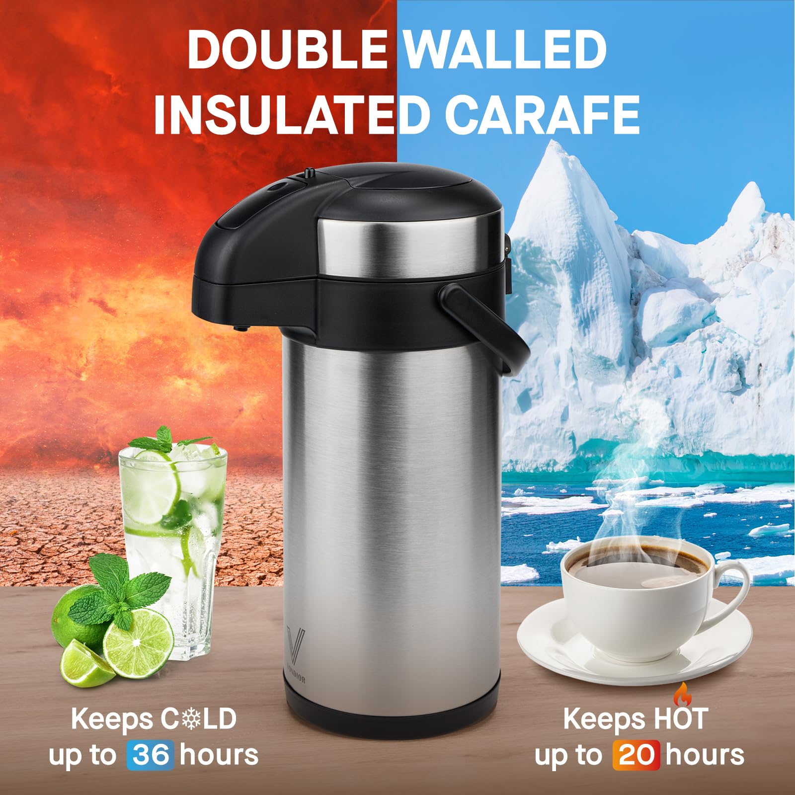 VONDIOR stainless steel carafe with wide mouth for easy cleaning and ice addition.