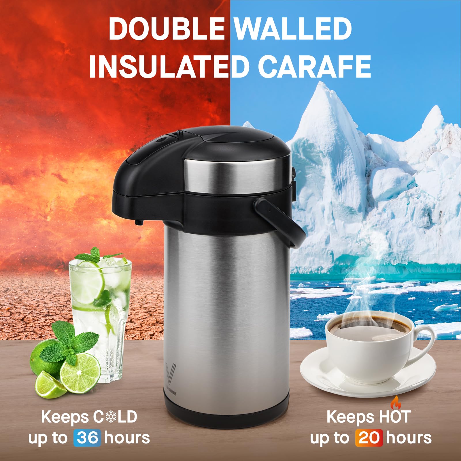 Vondior thermal beverage dispenser keeps hot drinks warm and cold drinks cool