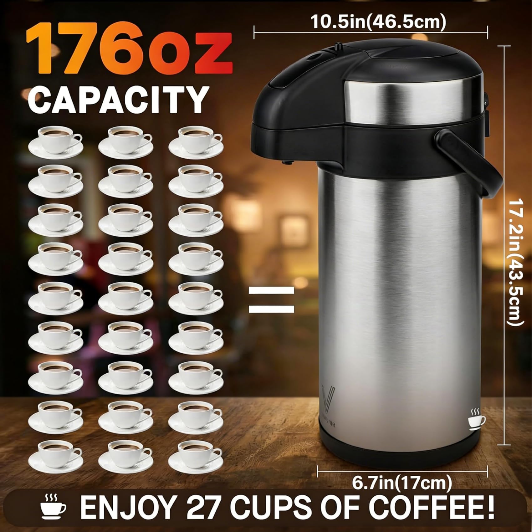 VONDIOR vacuum insulation keeps drinks hot 20 hours or cold 24 hours.