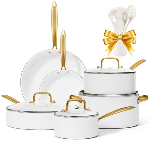 VONIKI 16-piece ceramic cookware set on counter for versatile everyday cooking