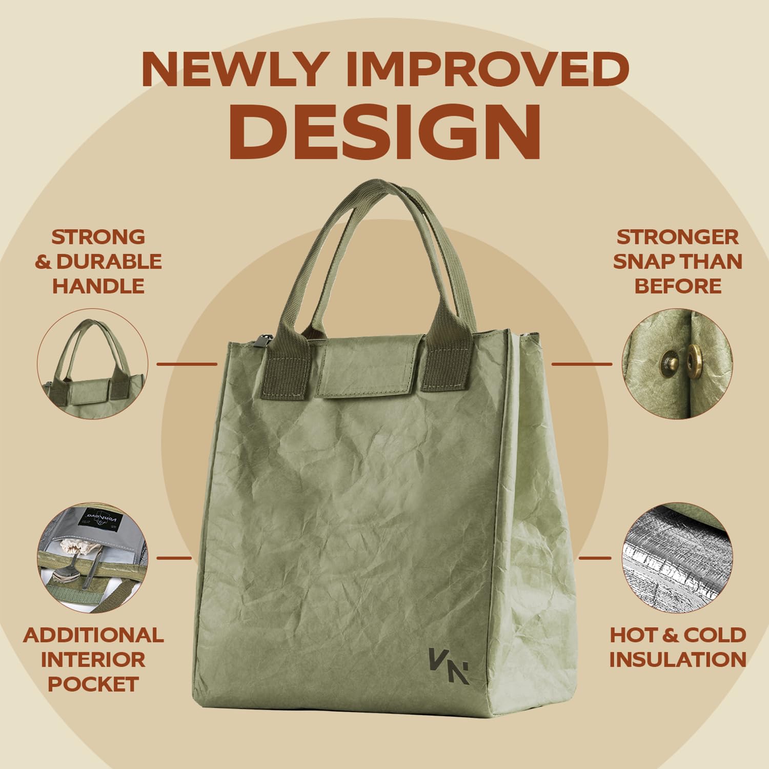 VonNova lunch bag aluminum lining closeup for easy wipe-clean interior