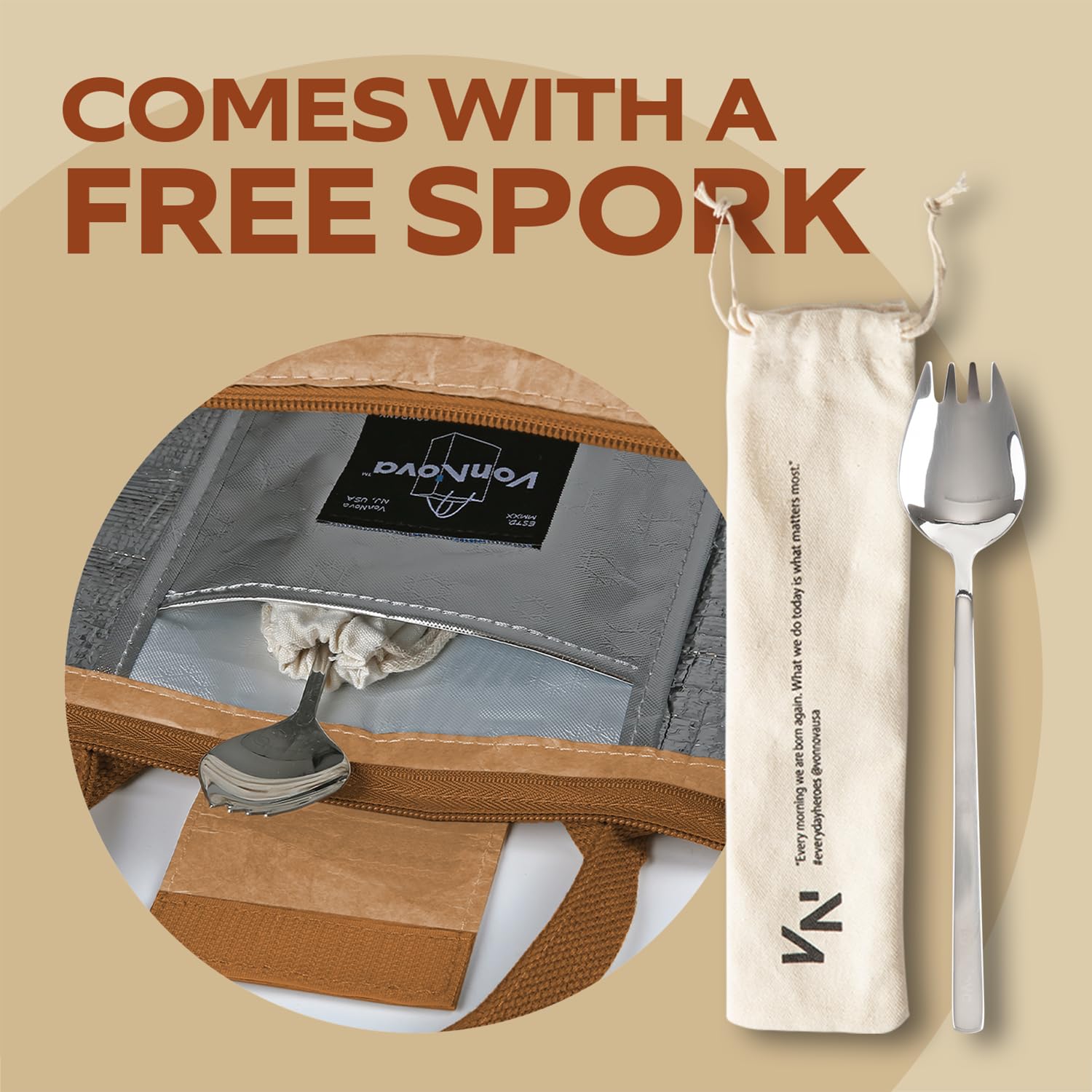 Neutral chic design of VonNova lunch bag complements outfits