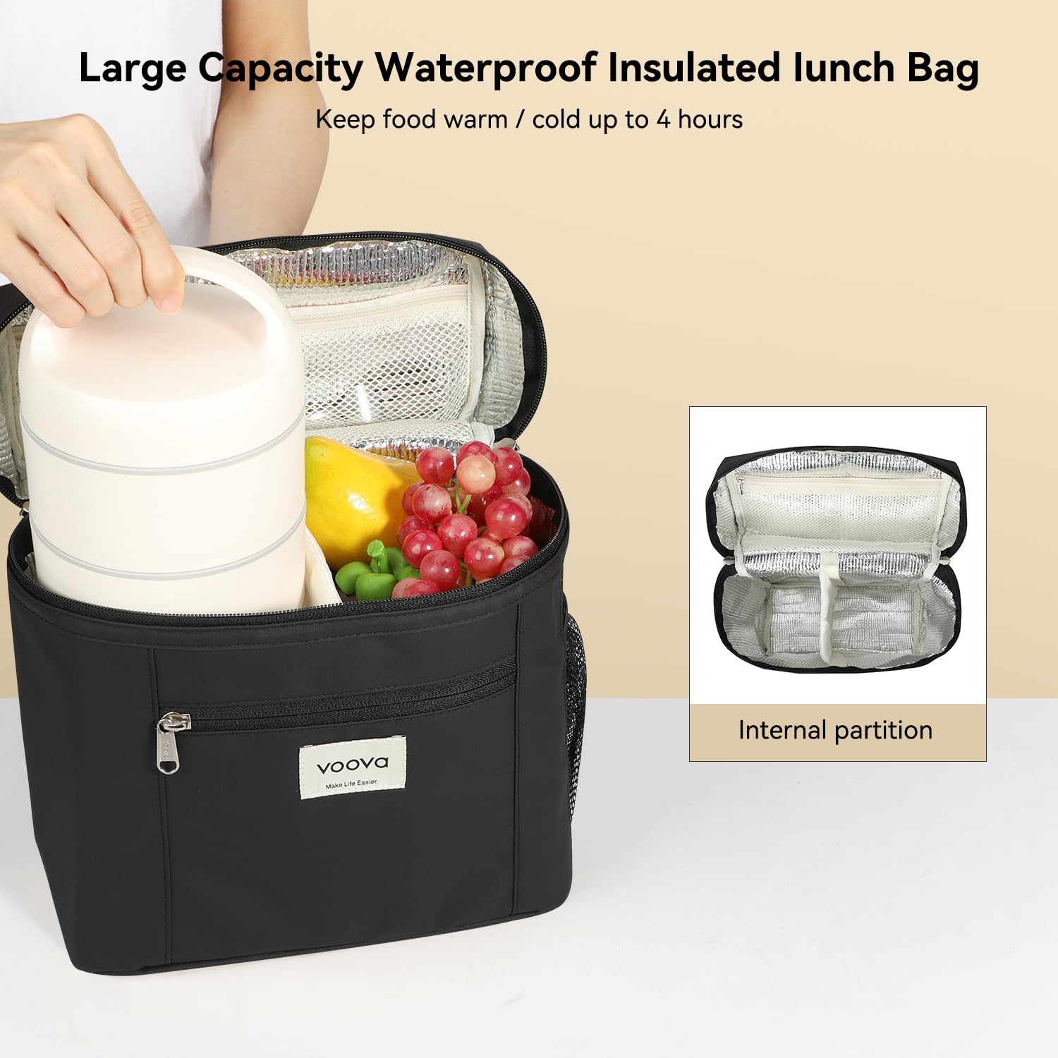 Voova insulated lunch bag keeps meals warm or cool for hours.