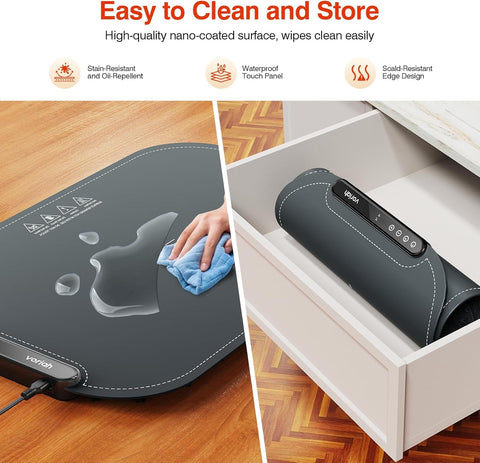 Voriah warming mat safe on stainless steel, wood, and ceramic.