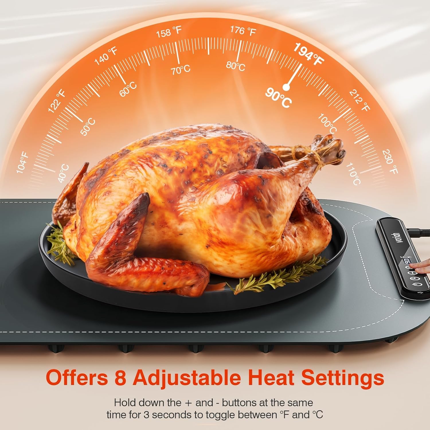 Voriah warming mat temperature control dial allows precise heat.