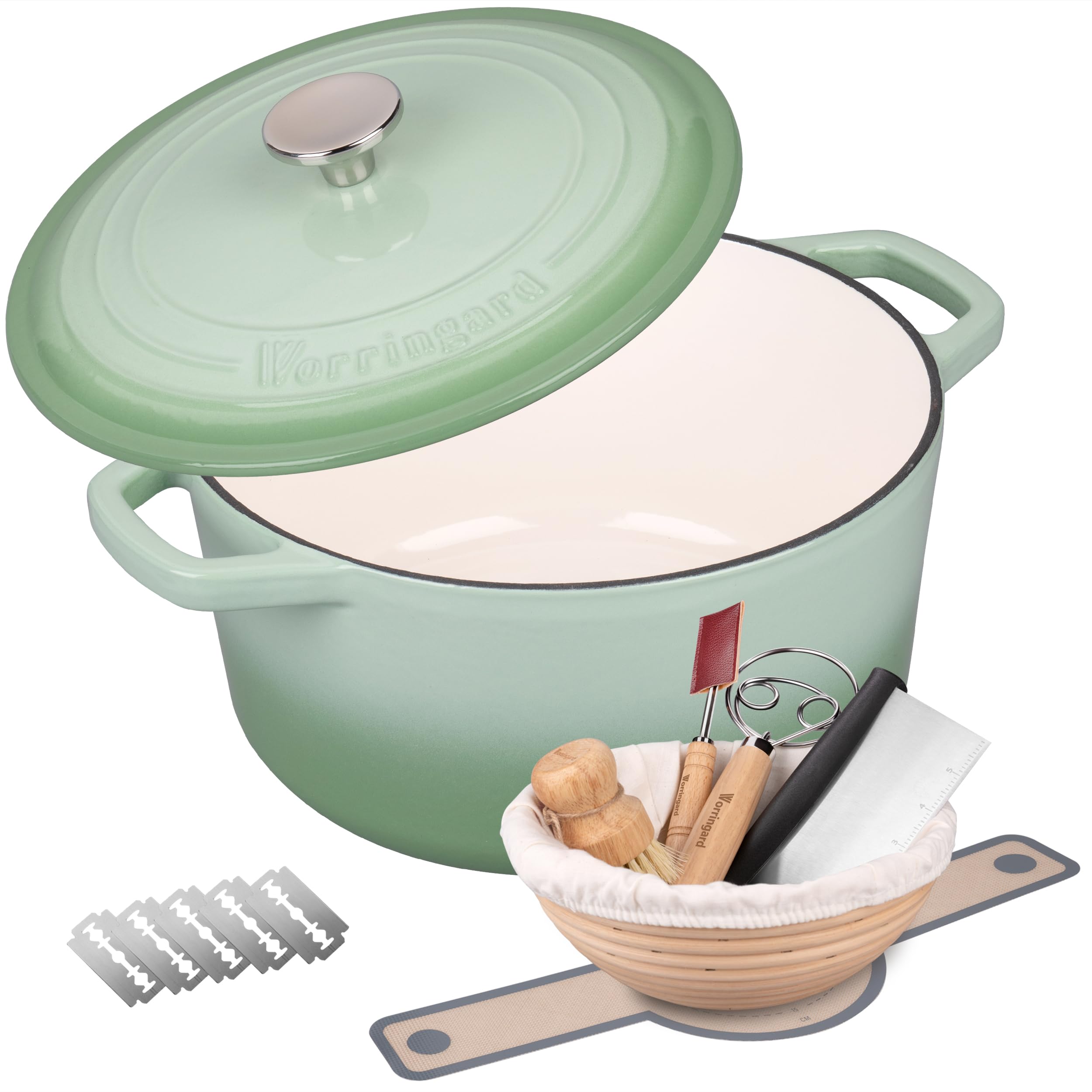 VORRINGARD dutch oven green front view with lid showing heat retention.