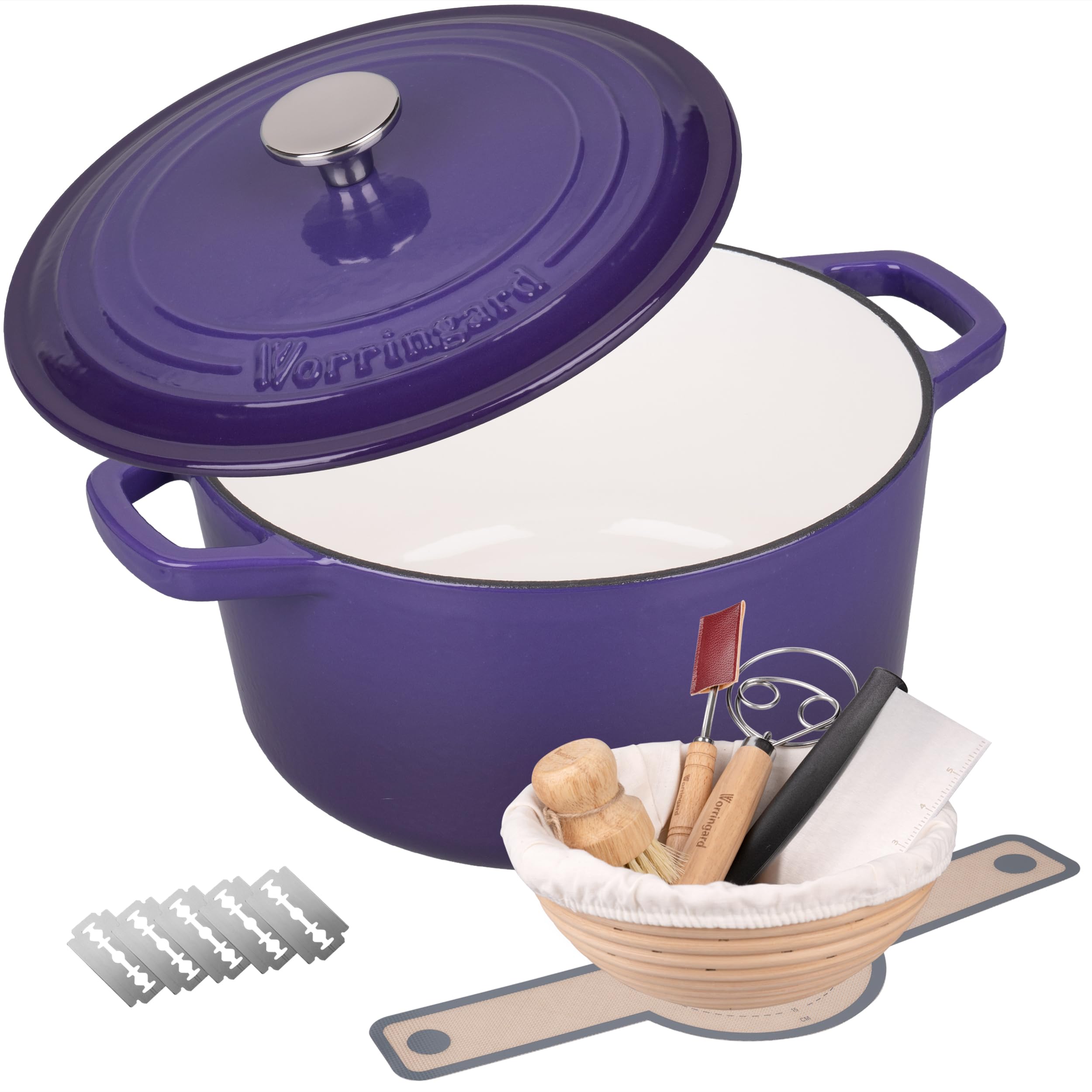 VORRINGARD purple enameled cast iron dutch oven front view demonstrates even heat for crisp crusts