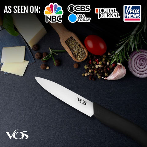 Vos ceramic paring knife ergonomic handle highlights comfortable grip during precise prep