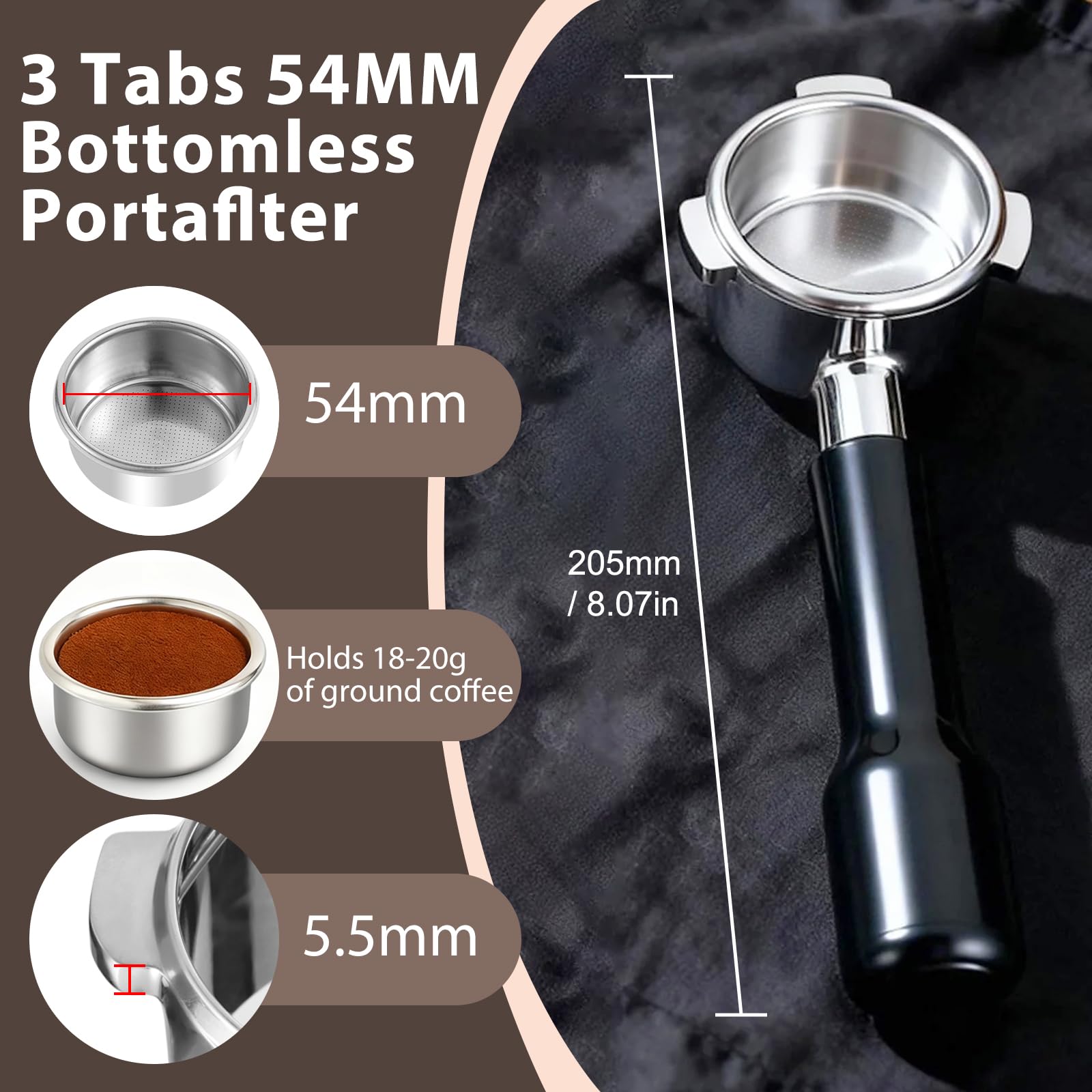 VOURMIO 3-ears portafilter with ergonomic handle for a comfortable grip