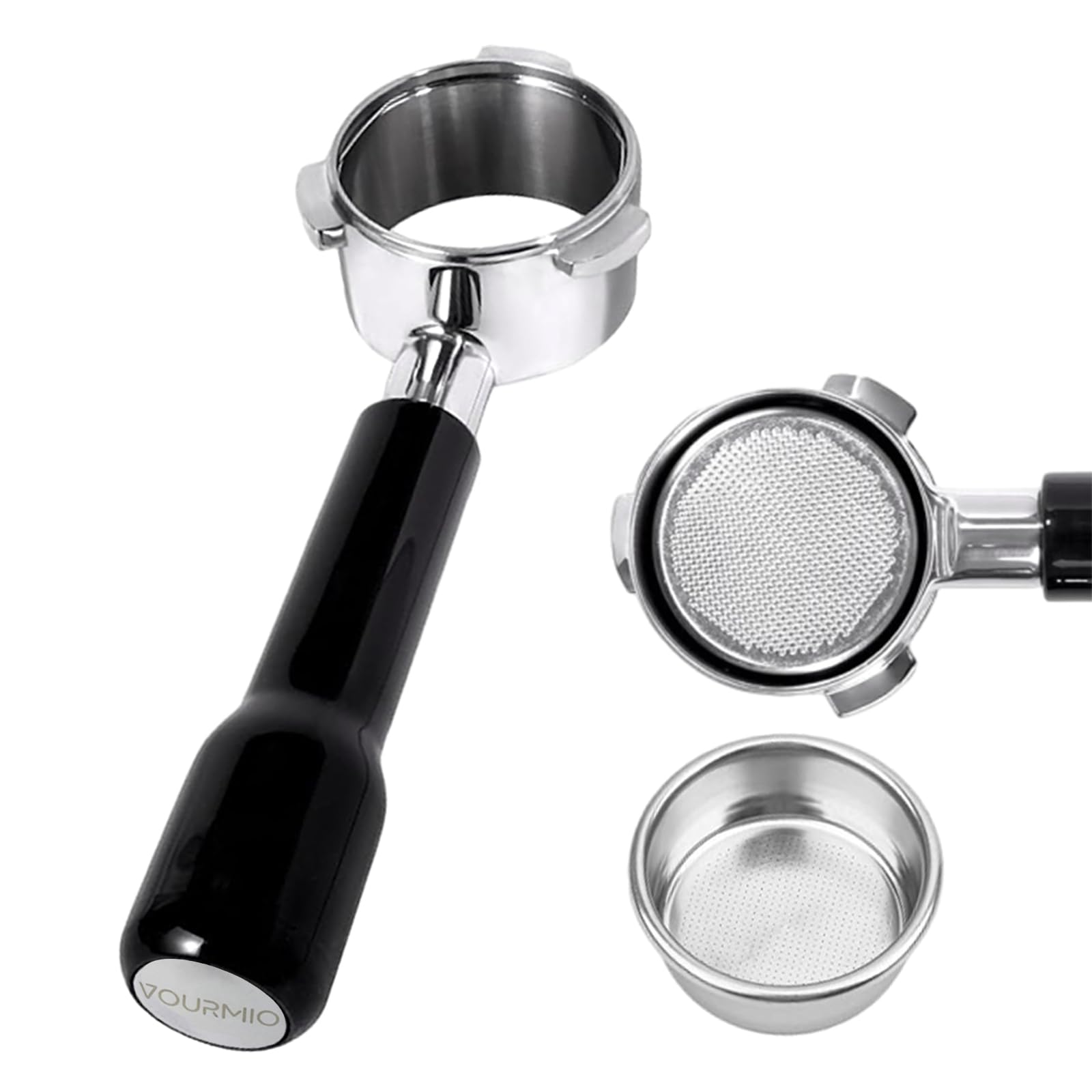 VOURMIO 54mm bottomless portafilter shows extraction view for quality assessment