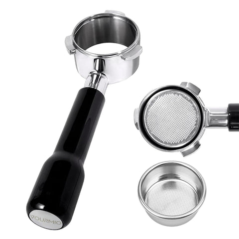 VOURMIO 54mm bottomless portafilter shows extraction view for quality assessment