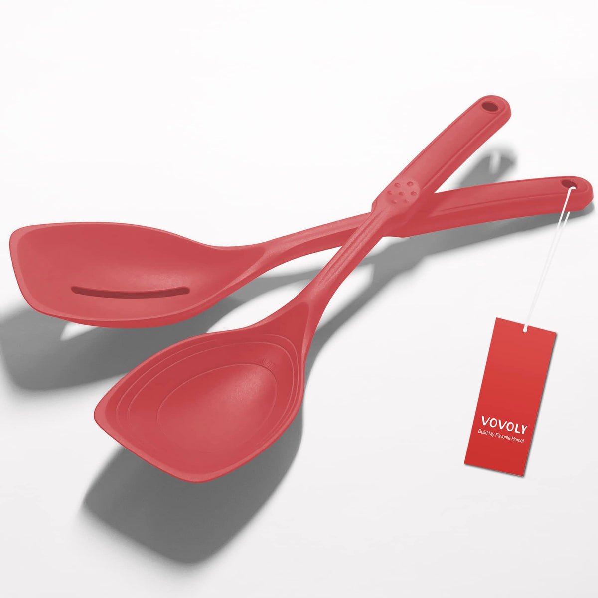 Vovoly 2-pack large silicone cooking spoons in red for versatile stirring and serving
