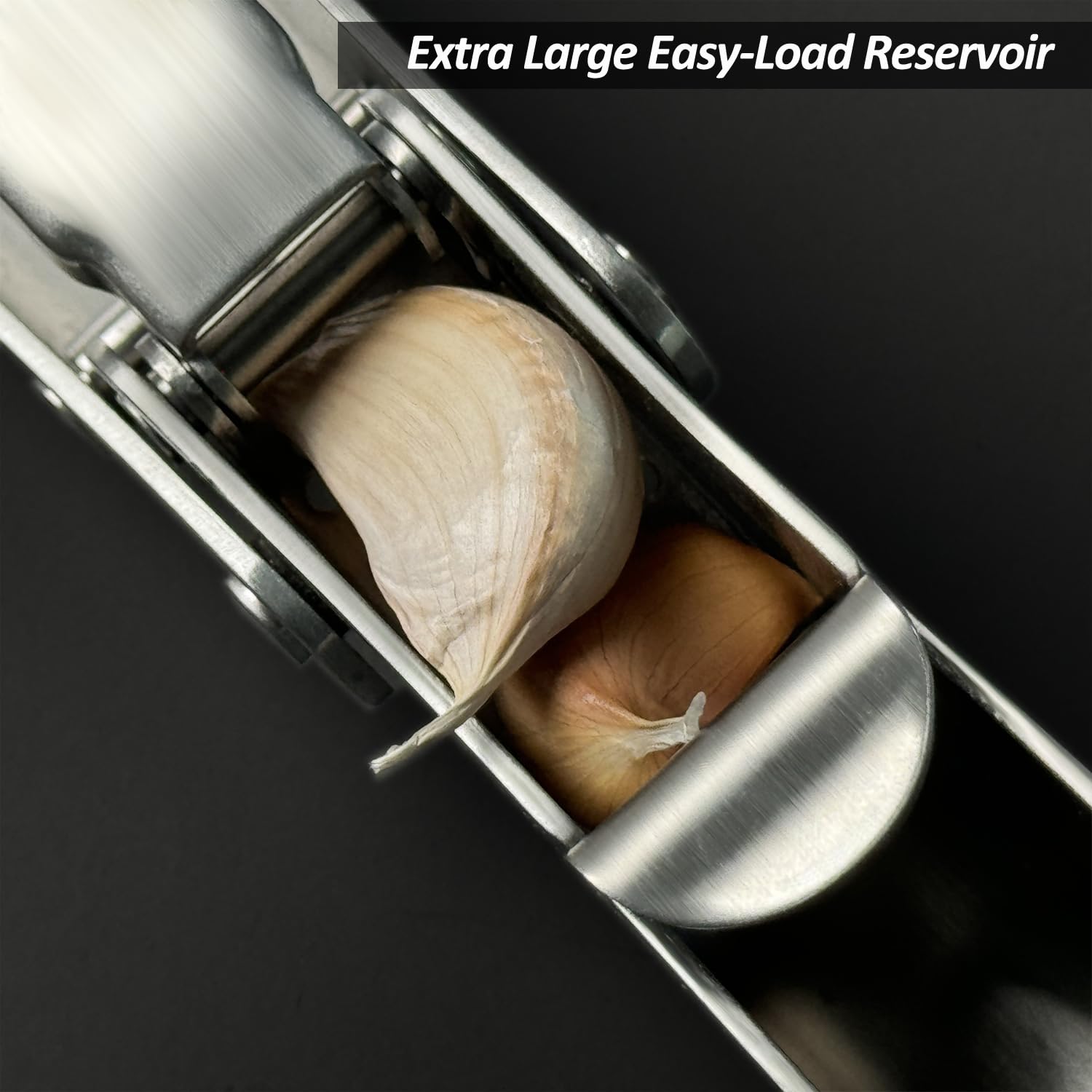 Vovoly garlic press high capacity reservoir for multiple cloves