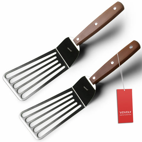 Vovoly offset fish spatula design for safer handling away from heat.