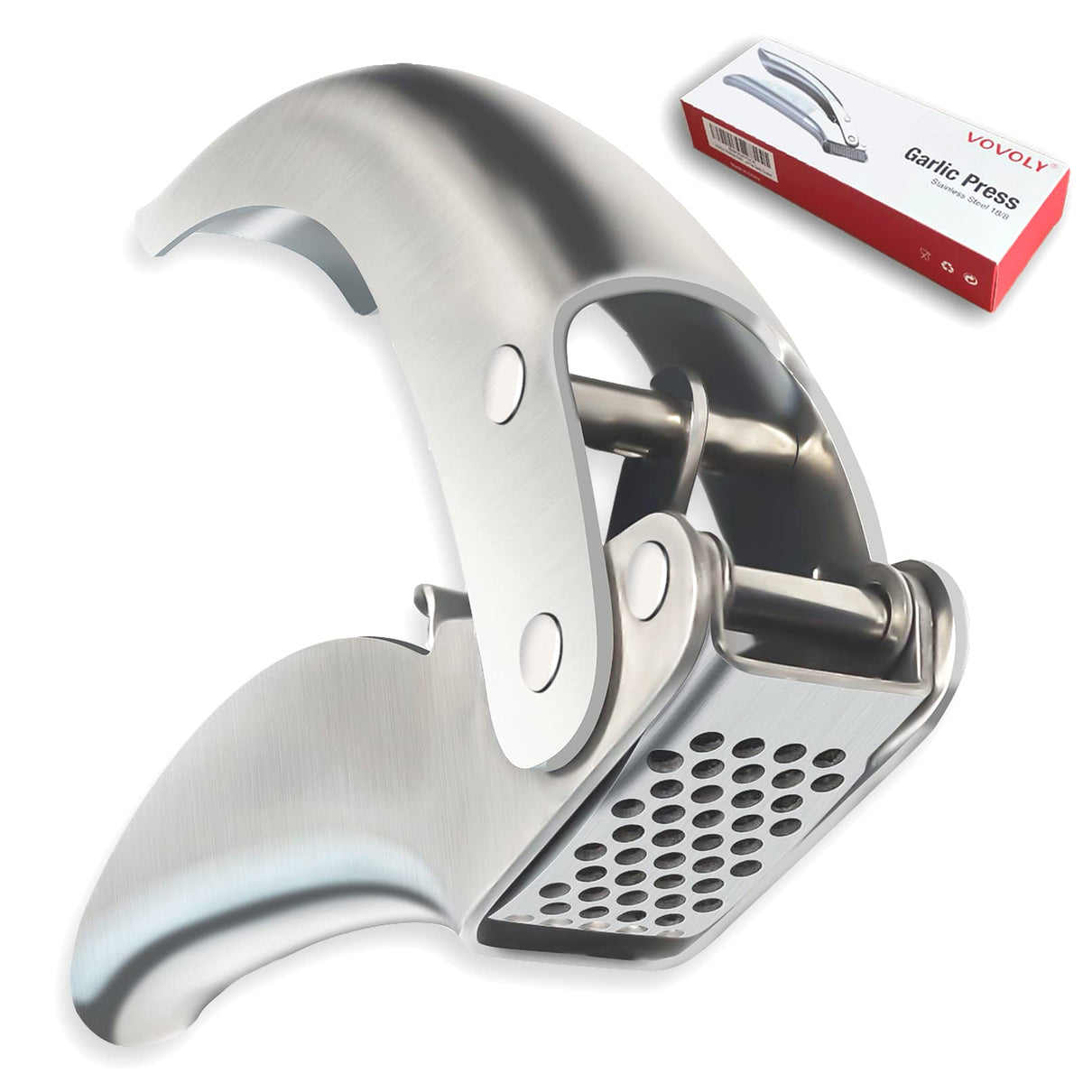 Vovoly premium garlic press in stainless steel with effortless mincing action