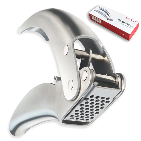 Vovoly premium garlic press in stainless steel with effortless mincing action