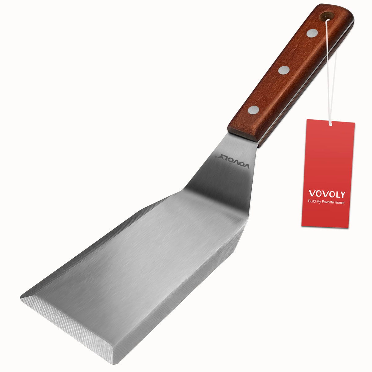 Vovoly professional metal spatula with full tang wooden handle for durable cast iron cooking.