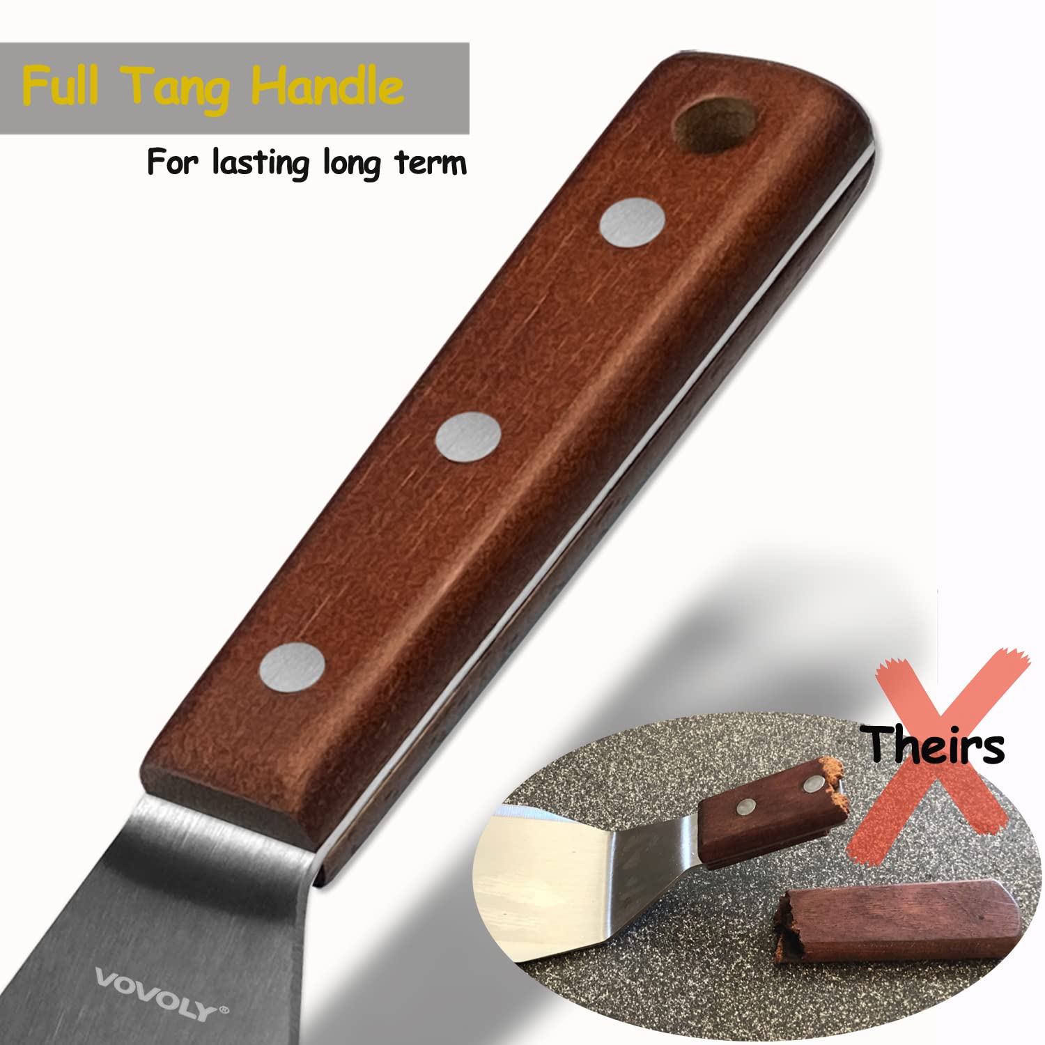 Vovoly heavy-duty spatula’s 1.8mm steel resists bending for tough scraping tasks.